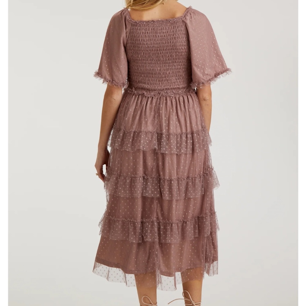 Pink Dot Smocked Ruffle Tiered Maternity Midi Dress - Picture 4 of 7